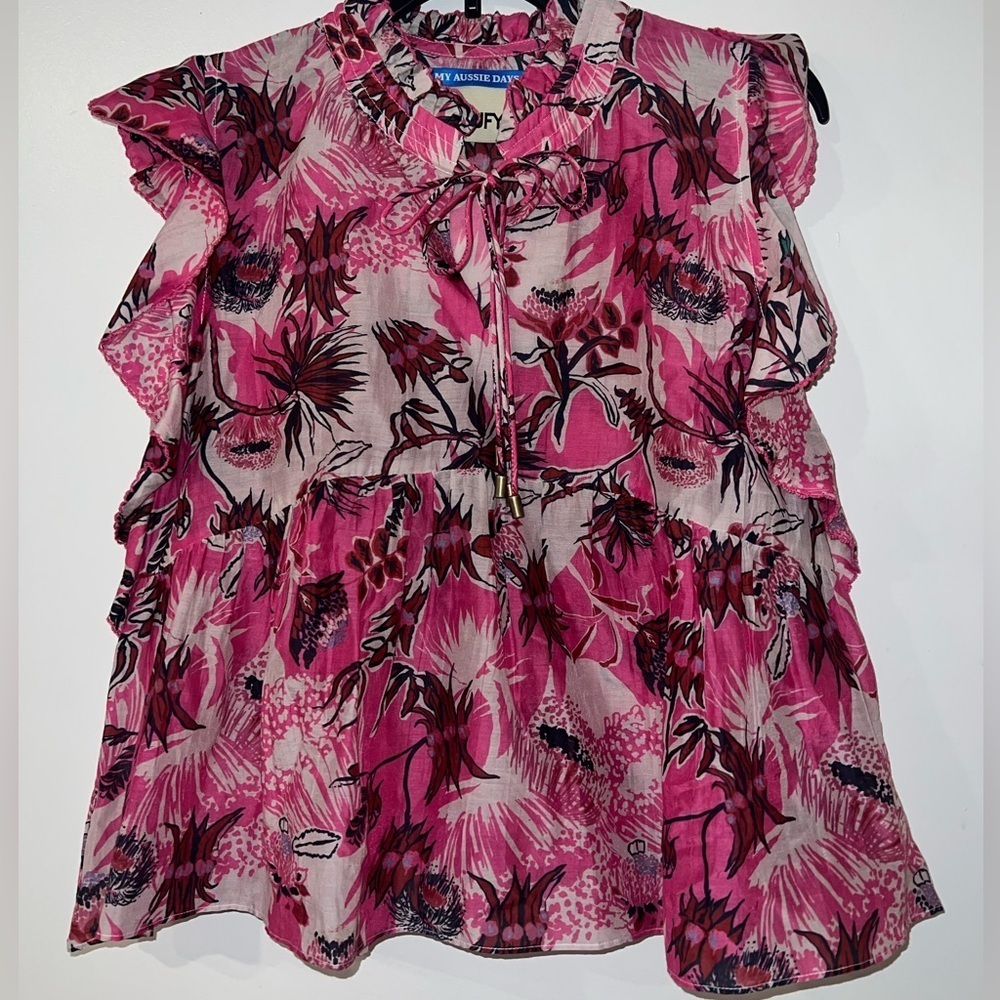 New CHUFY My Aussie Days Ellis Nulla Pink Floral Silk Blend Ruffle Sleeve Top